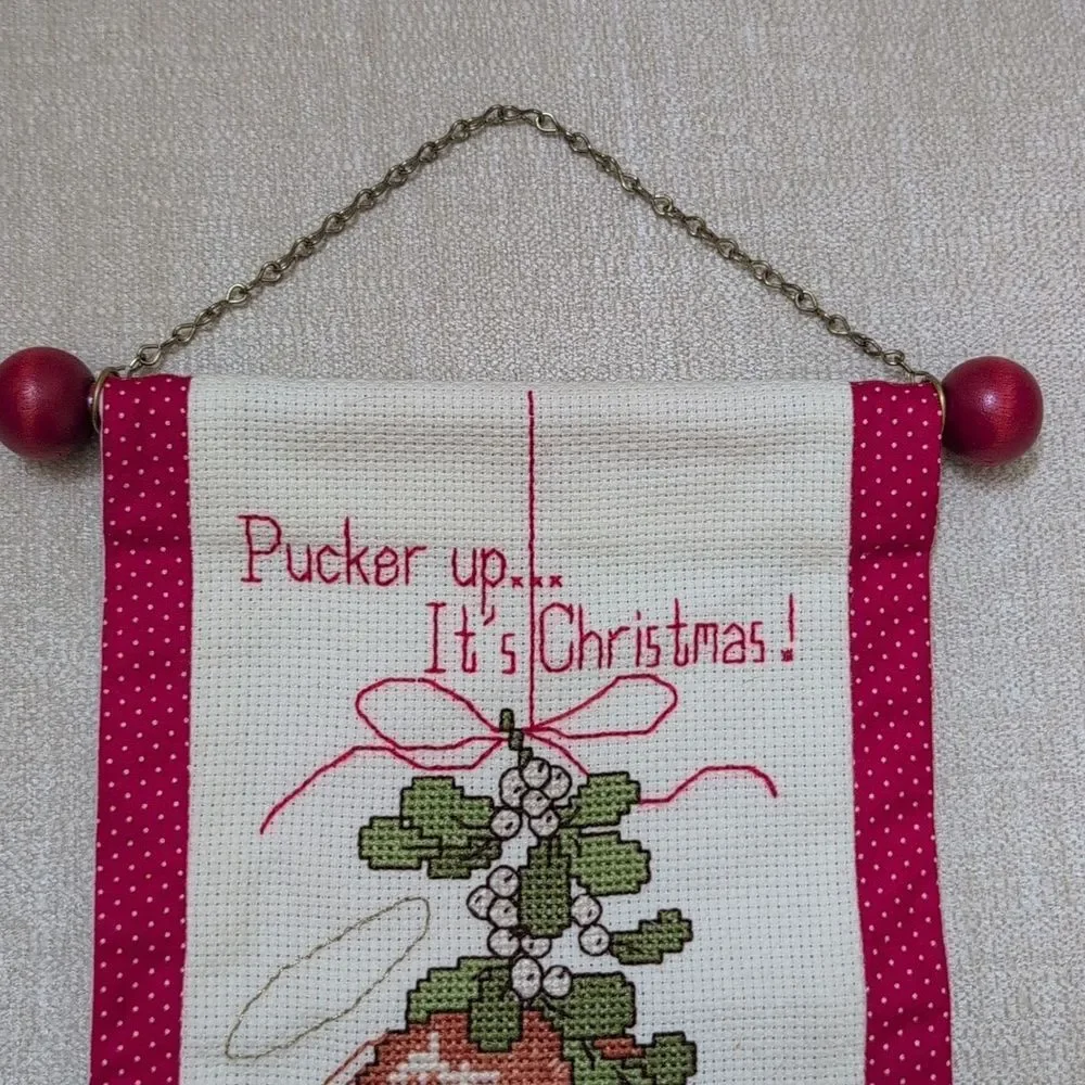 Pucker Up... It's Christmas! Handmade Cross-stitch Embroidery Wall Hanging
